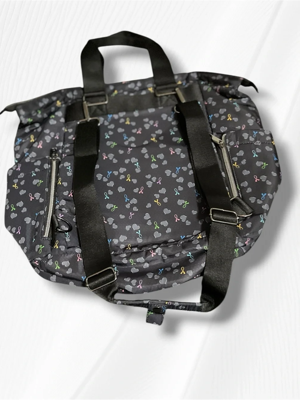 HeartSoul Bella Convertible Backpack Tote Bag Awareness Ribbons Hearts Black